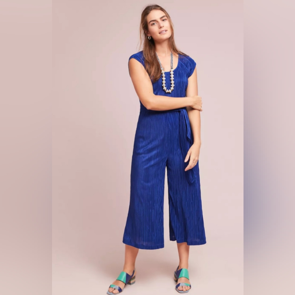 Anthropologie Maeve Sonata Blue Pleated Jumpsuit Size 8